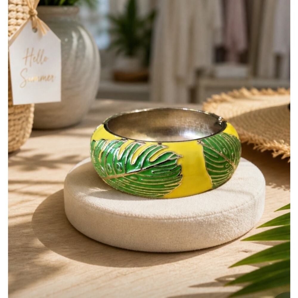 Sequins Yellow Green Palm Leaf Hinge Bangle Bracelet New